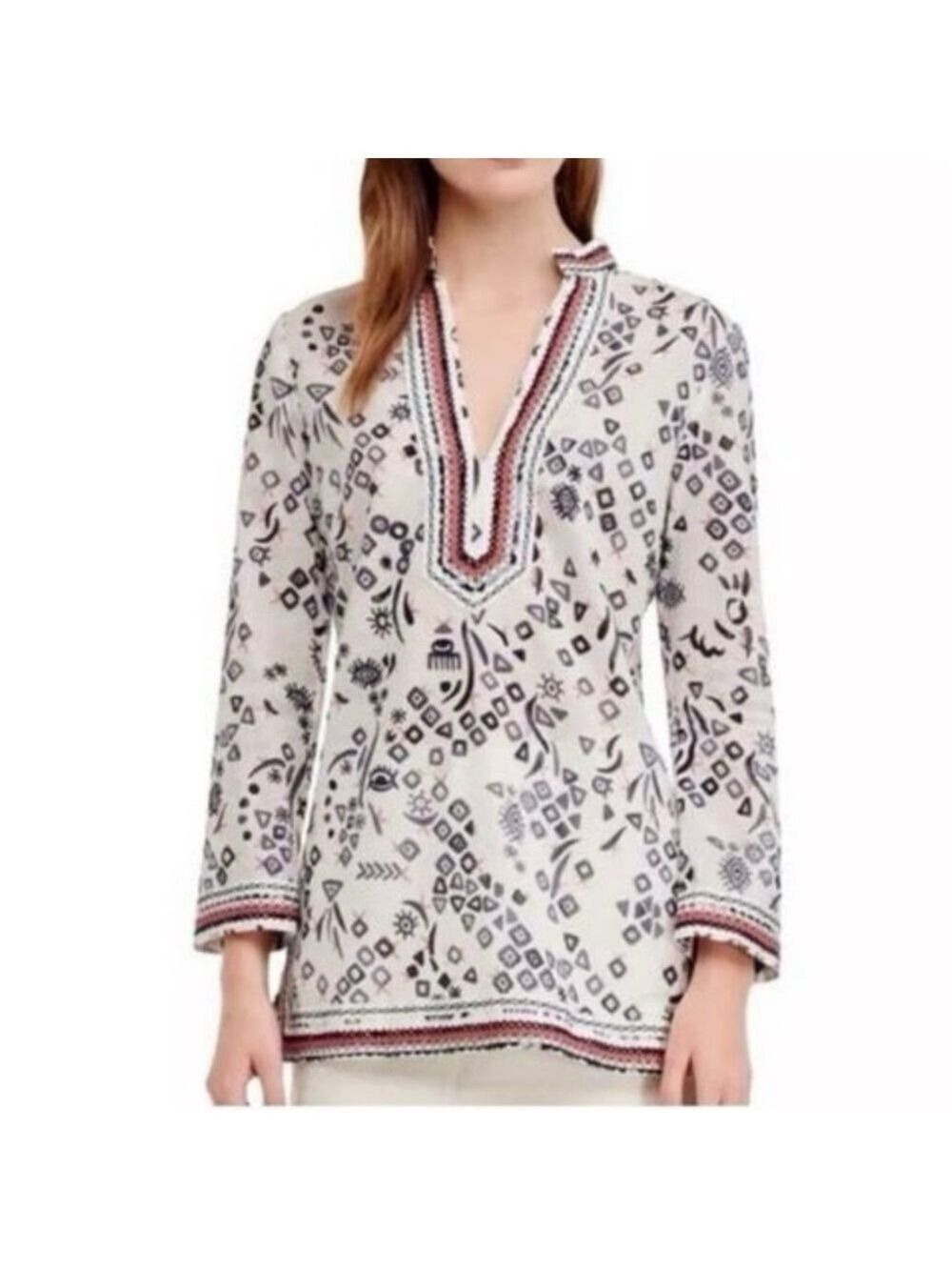 TORY BURCH  Cotton Printed Tunic style v-neck embellished neck, cuffs & hem sz 2